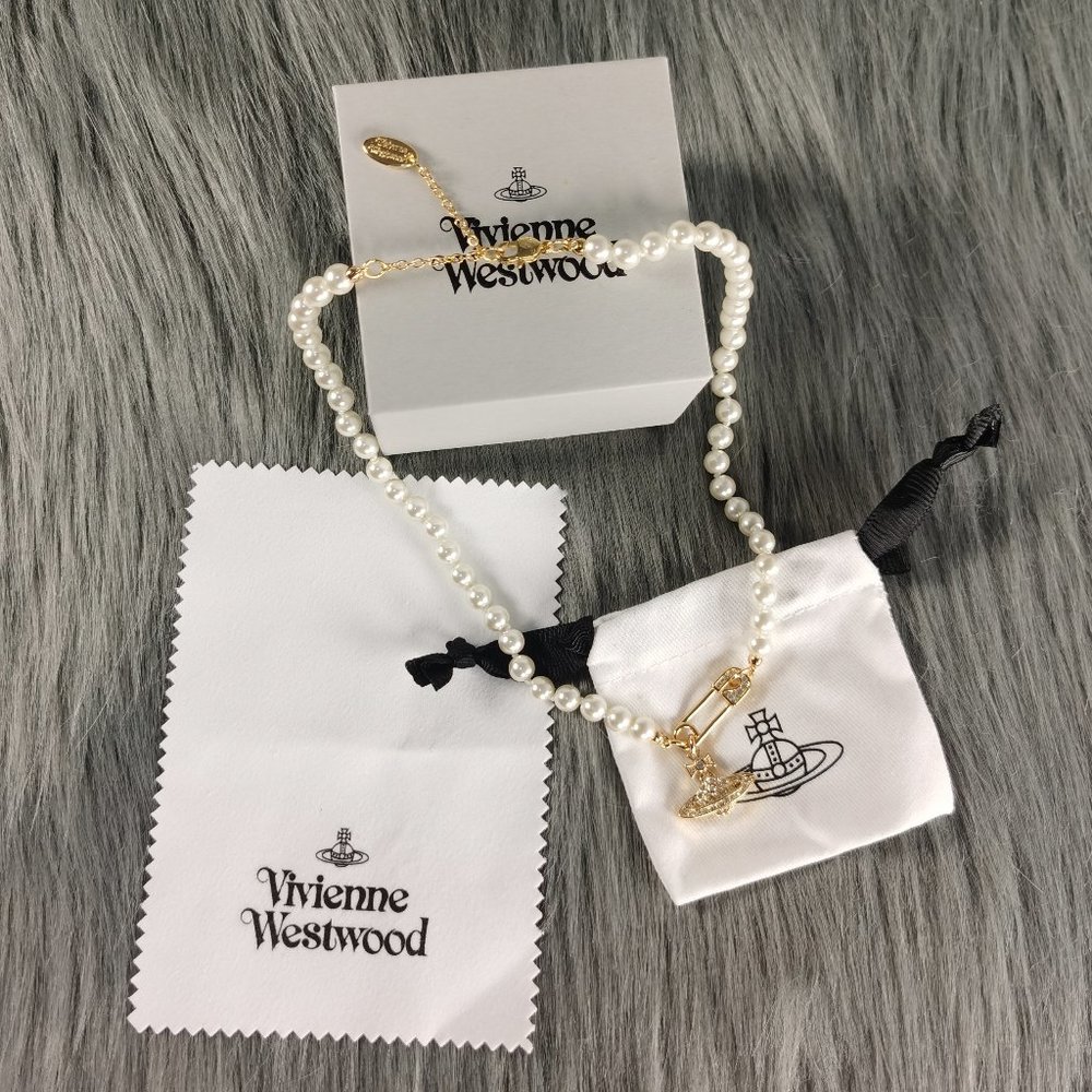 Vivienne Westwood Gold Safety Pin Pearl Necklace